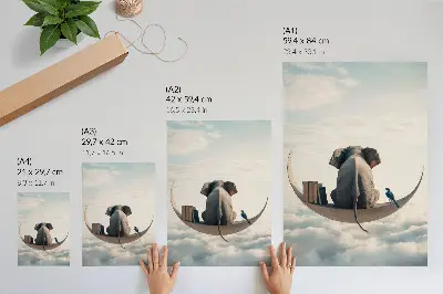 Poster para cozinha ilustração de um elefante sentado em uma lua crescente com livros entre nuvens