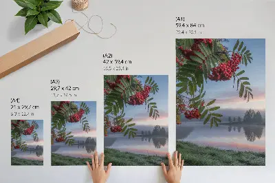 Arte de parede lago pela manhã com sorveira e névoa delicada