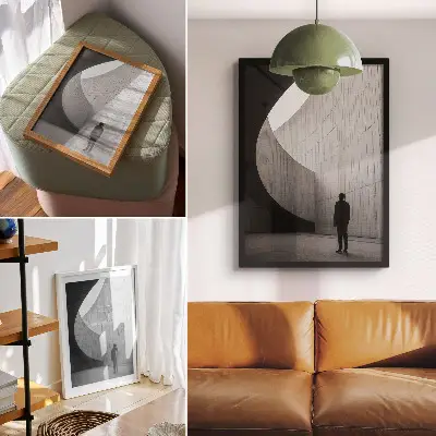 Poster para cozinha com arquitetura curva em tons monocromáticos