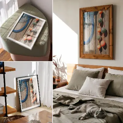 Poster decorativo com bóias coloridas em parede de madeira com detalhes marítimos