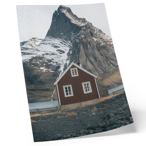 Arte de parede Paisagem montanhosa, casa de madeira, picos nevados