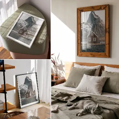 Arte de parede paisagem de montanha com casa de madeira e picos nevados
