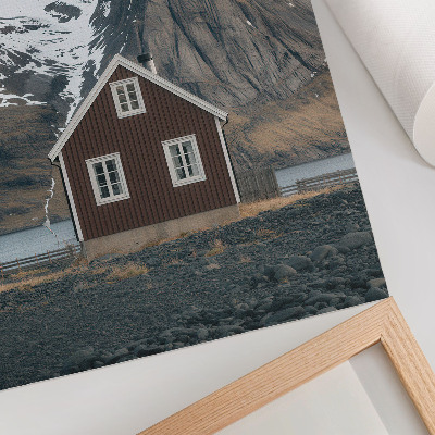 Arte de parede Paisagem montanhosa, casa de madeira, picos nevados