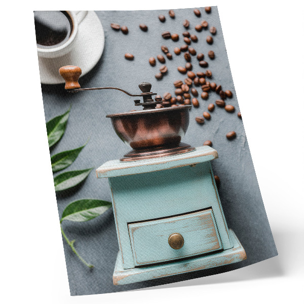 Poster decorativo Moedor de café antigo turquesa, grãos de café, folhas verdes