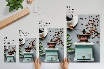 Poster decorativo moedor de café antigo na cor turquesa com grãos e folhas verdes