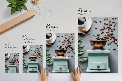 Poster decorativo Moedor de café antigo turquesa, grãos de café, folhas verdes