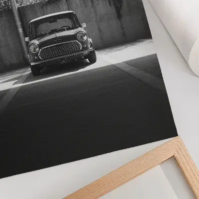Poster decorativo de carro clássico na garagem em preto e branco