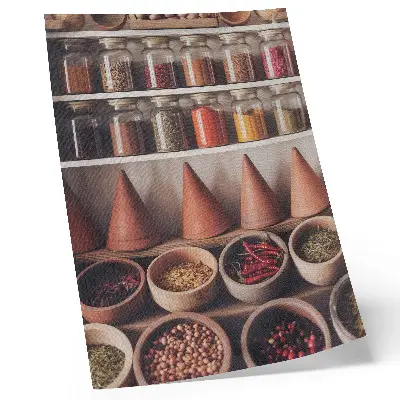 Poster para cozinha especiarias em potes com detalhes em madeira e cerâmica em tons quentes