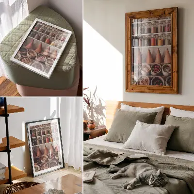 Poster para cozinha especiarias em potes com detalhes em madeira e cerâmica em tons quentes