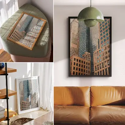 Poster para cozinha com estampa de arranha-céus modernos e formas geométricas elegantes