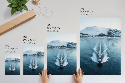 Impressão em tela Dinâmica de barcos a motor em lagos com montanhas nevadas