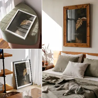 Arte de parede samambaia sobre a água com gotas harmoniosas e reflexo