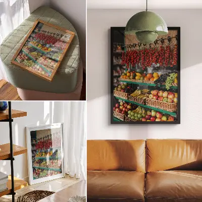 Poster decorativo com estampa de frutas coloridas que remetem à tradição e à natureza