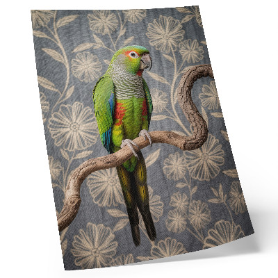 Poster para cozinha Papagaio em um galho com flores creme e fundo azul.