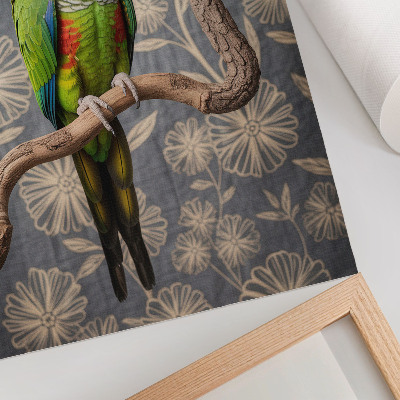 Poster para cozinha Papagaio em um galho com flores creme e fundo azul.