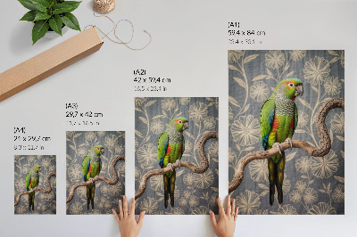 Poster para cozinha Papagaio em um galho com flores creme e fundo azul.