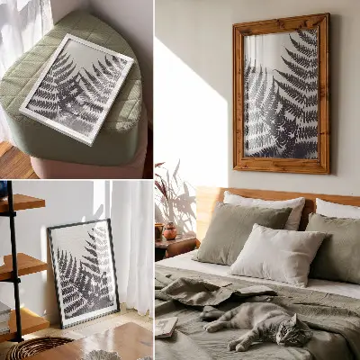Arte de parede folhas simétricas sobre fundo claro