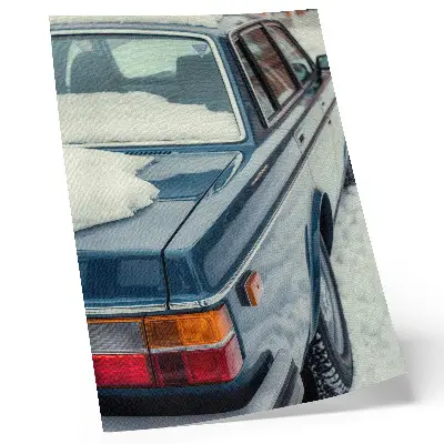 Arte de parede carro retrô na neve com fundo azul e branco