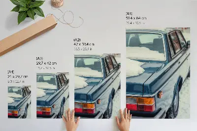 Arte de parede carro retrô na neve com fundo azul e branco