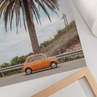 Pôster decorativo palmeira e carro retrô com tema de natureza despreocupada