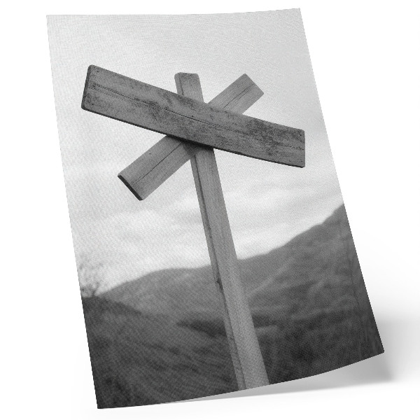 Poster para cozinha Placa de madeira com paisagem montanhosa ao fundo, em preto e branco.