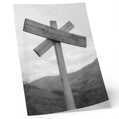 Poster para cozinha Placa de madeira com paisagem montanhosa ao fundo, em preto e branco.