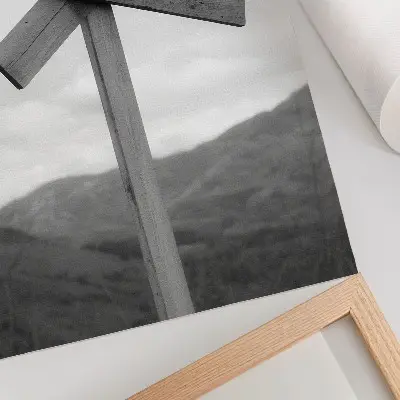 Poster para cozinha placa de madeira com paisagem montanhosa em preto e branco