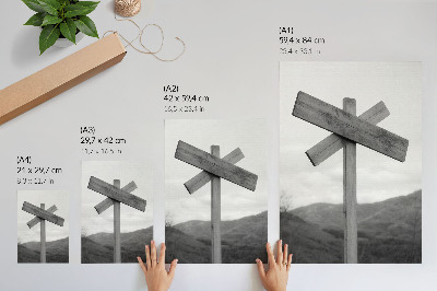 Poster para cozinha Placa de madeira com paisagem montanhosa ao fundo, em preto e branco.