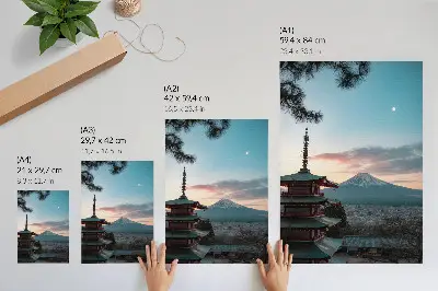 Poster decorativo pagode com montanhas ao fundo em tons do céu