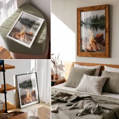 Poster decorativo com paisagem de fogueira no lago em meio à floresta e pedras