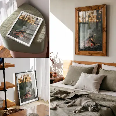 Poster decorativo de fogueira com floresta e fumaça ao fundo