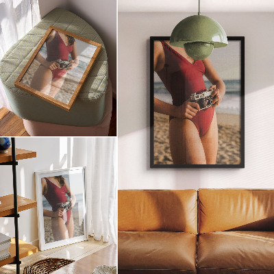 Poster para cozinha Fotografia com câmera em traje bordô com vibe de praia
