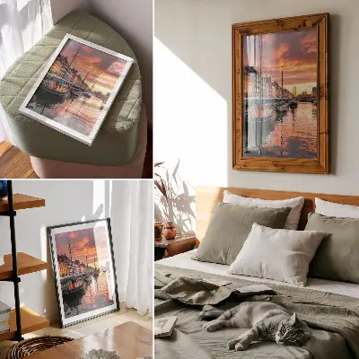 Arte de parede prédios coloridos com reflexos na água e céu quente