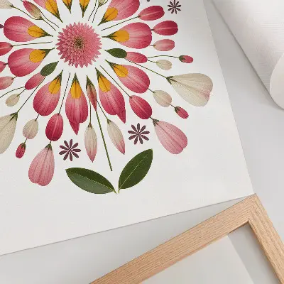 Poster decorativo mandala floral simétrica nas cores rosa, creme e verde
