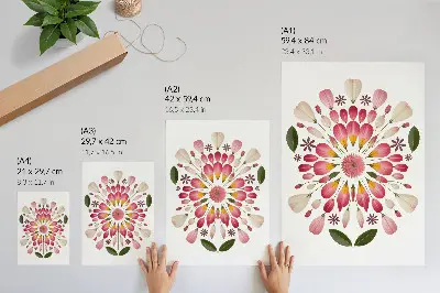 Poster decorativo mandala floral simétrica nas cores rosa, creme e verde