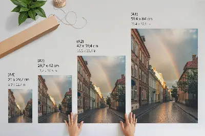 Impressão em tela prédios de apartamentos coloridos com arco-íris e céu nublado