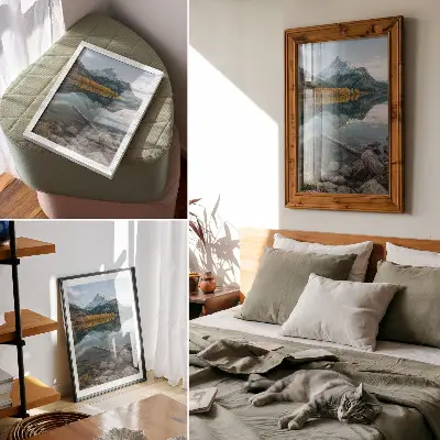Arte de parede paisagem de montanhas com lago e árvores em reflexo