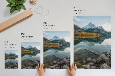 Arte de parede paisagem de montanhas com lago e árvores em reflexo