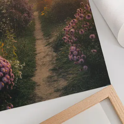 Poster para cozinha caminho de jardim encantador com flores e neblina matinal