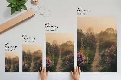 Poster para cozinha caminho de jardim encantador com flores e neblina matinal