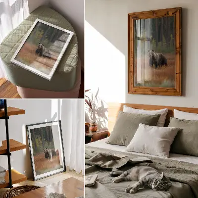 Poster decorativo urso na floresta outonal com temática de naturalidade e paz