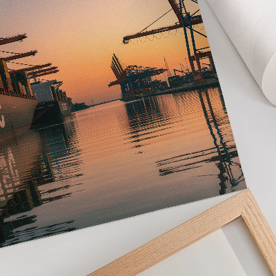 Impressão em tela Paisagem portuária com navios porta-contentores e guindastes.