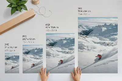 Poster para cozinha esquiador em ação nas montanhas brancas com céu azul