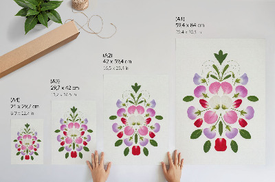 Poster decorativo Flores e folhas simétricas sobre um fundo claro.