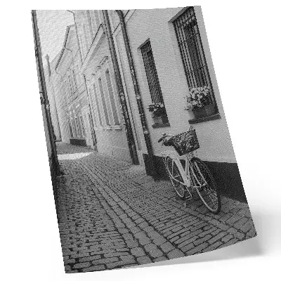 Impressão em tela rua com prédios de apartamentos, flores e bicicleta em preto e branco
