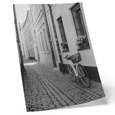 Impressão em tela Rua, prédios de apartamentos, flores, bicicleta, preto e branco