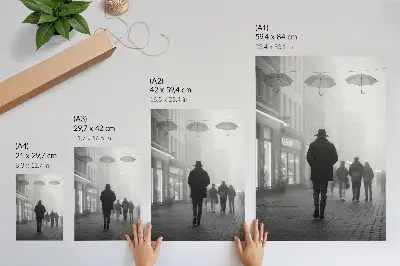 Poster decorativo figura de chapéu, neblina e guarda-chuvas com tema de mistério