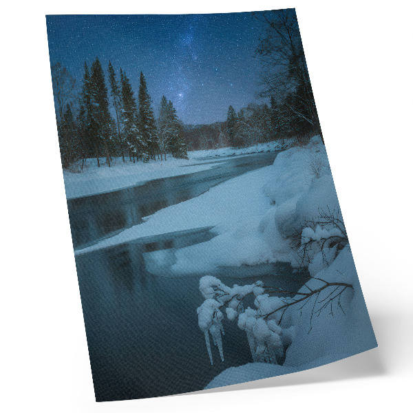 Poster para cozinha Paisagem de inverno, rio, árvores, estrelas
