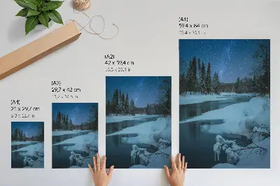 Poster para cozinha paisagem de inverno com rio, árvores e estrelas