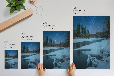 Poster para cozinha Paisagem de inverno, rio, árvores, estrelas